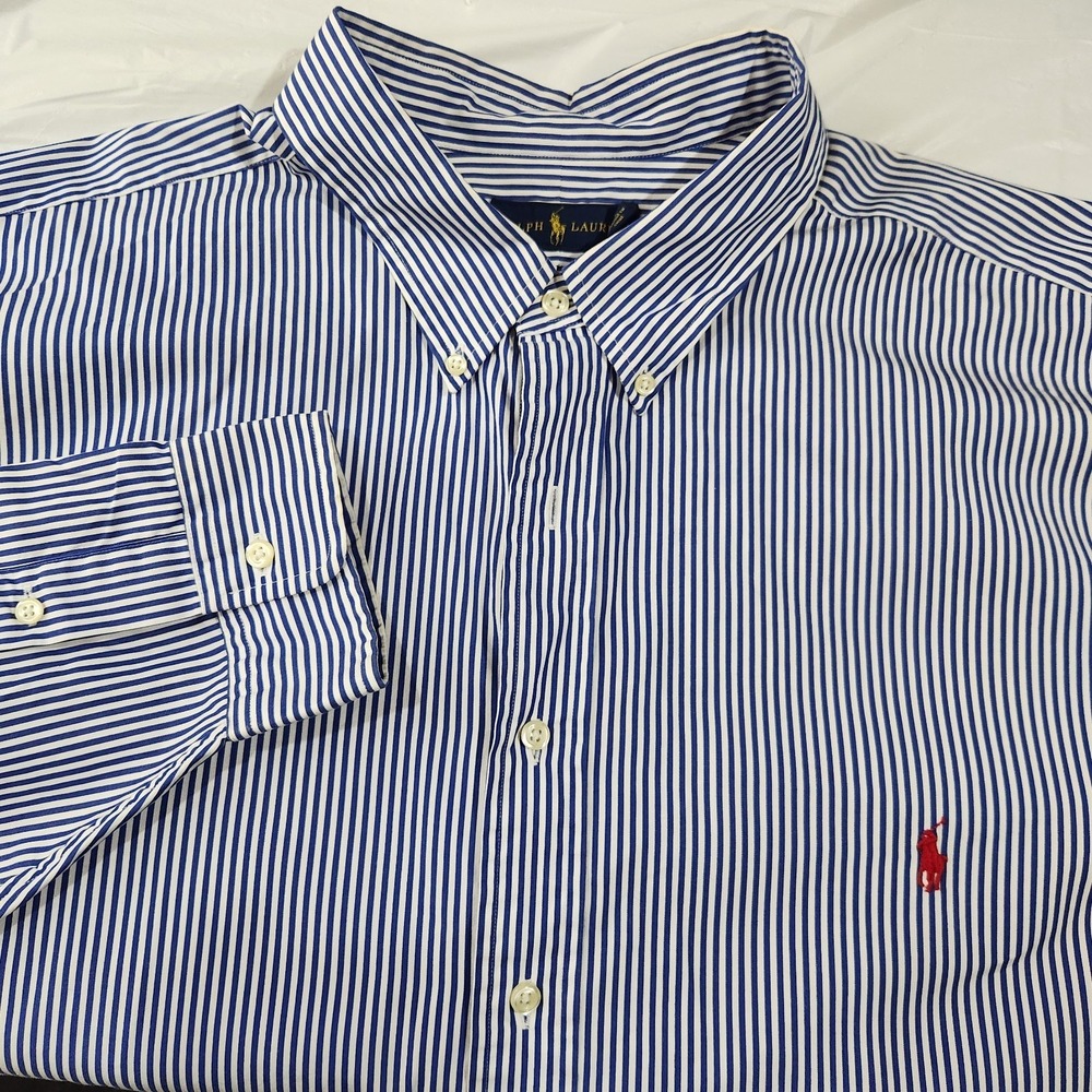 Polo Ralph Lauren Mens Long Sleeve Button-Up 3X Blue / White Stripes Red Pony